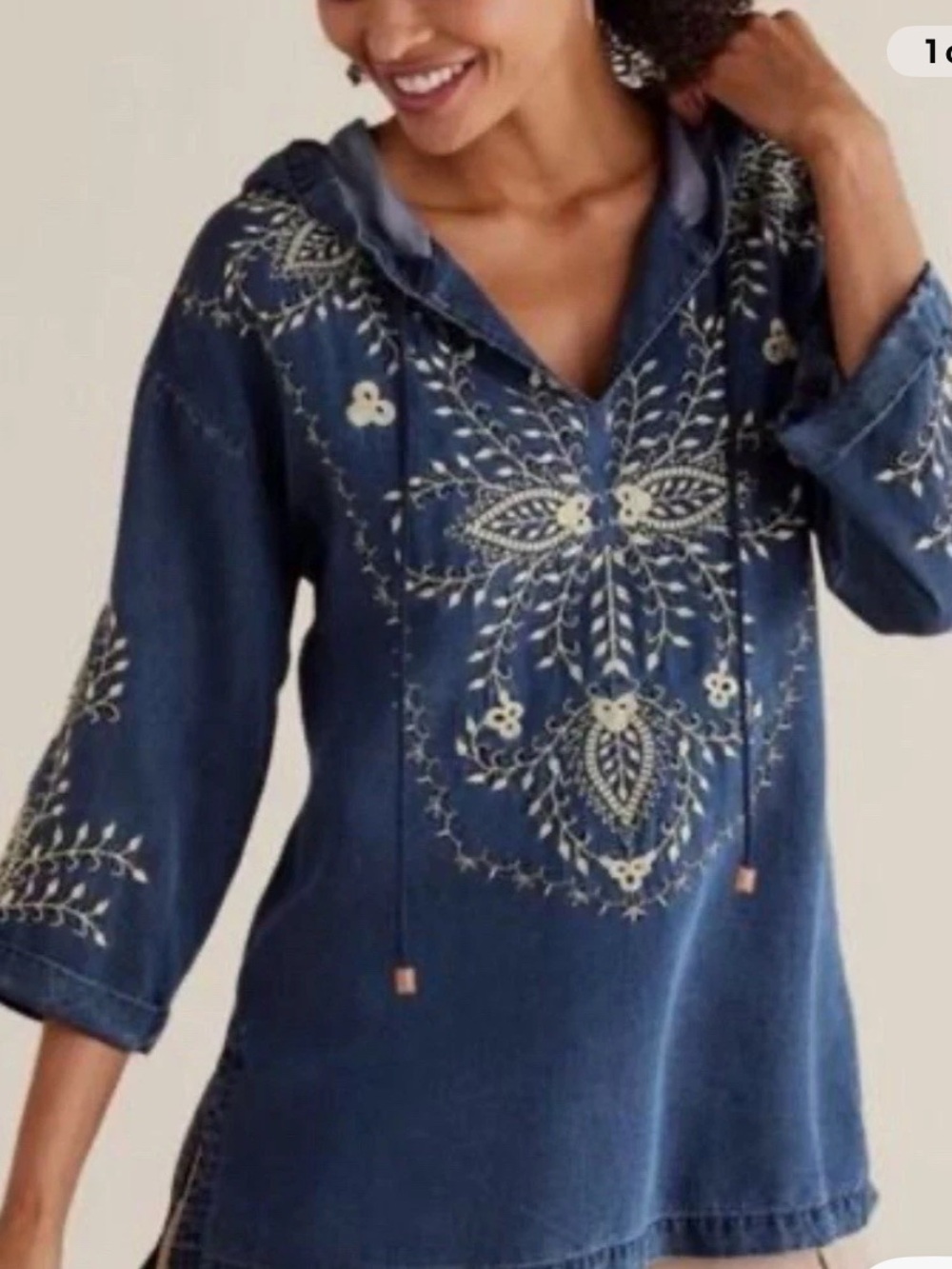 J. Jill Indigo Embroidered Hoodie Tunic